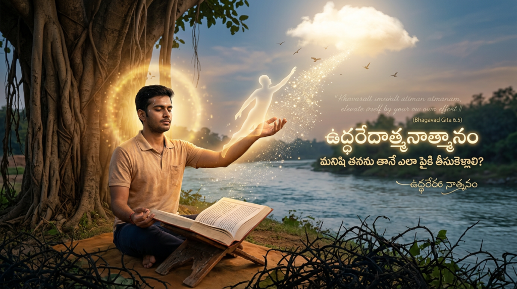 Meditating reader holding an open scripture beside a river, with glowing spirit and Telugu Bhagavad Gita text.