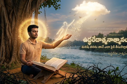 Meditating reader holding an open scripture beside a river, with glowing spirit and Telugu Bhagavad Gita text.